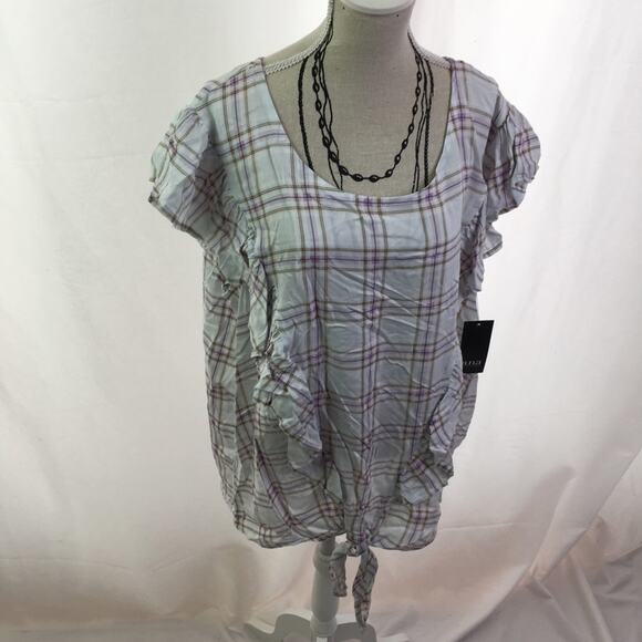 A.n.a. Ruffle short sleeve tee plaid large - Picture 1 of 16